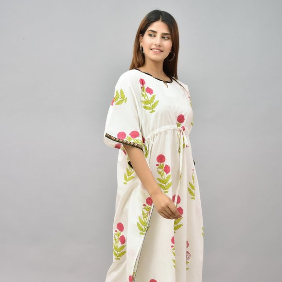 Hand Block Printed Cotton Kaftan Plus Size Tunic Floral Long Caftan - Picture 5 of 6